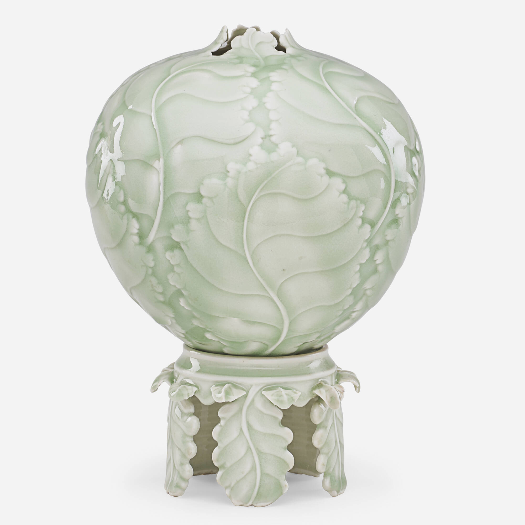 1896: CLIFF LEE, Fine celadon cabbage vase on leafy stand < Modern