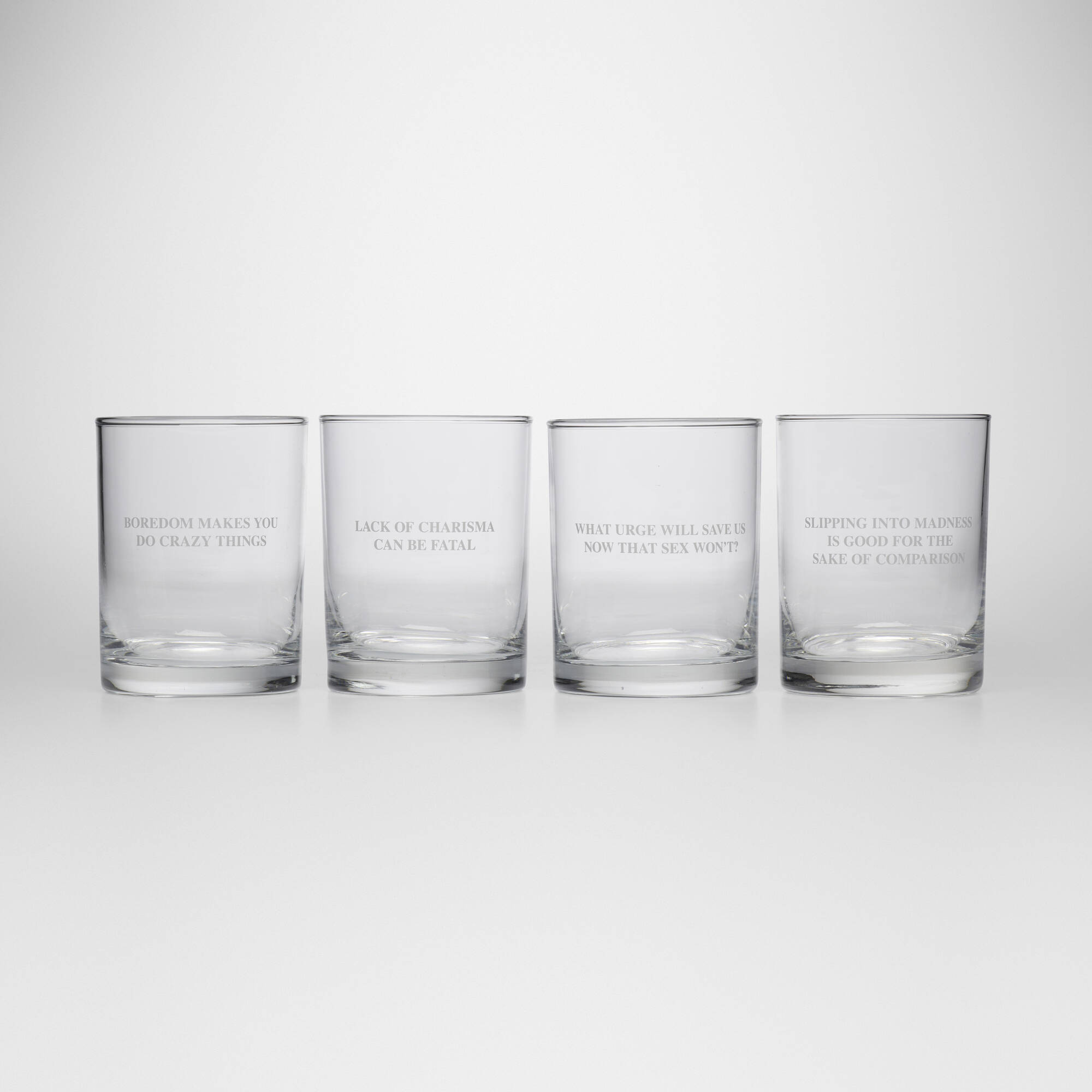 452: JENNY HOLZER, Engraved rocks glasses, set of four < Living 
